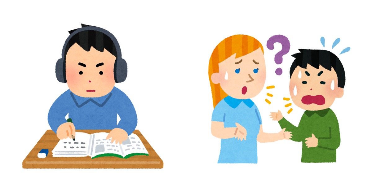 ヘッドホンで音声を聴きながら学習する成人と、英語が通じず困っている場面を並べた発音矯正イメージ