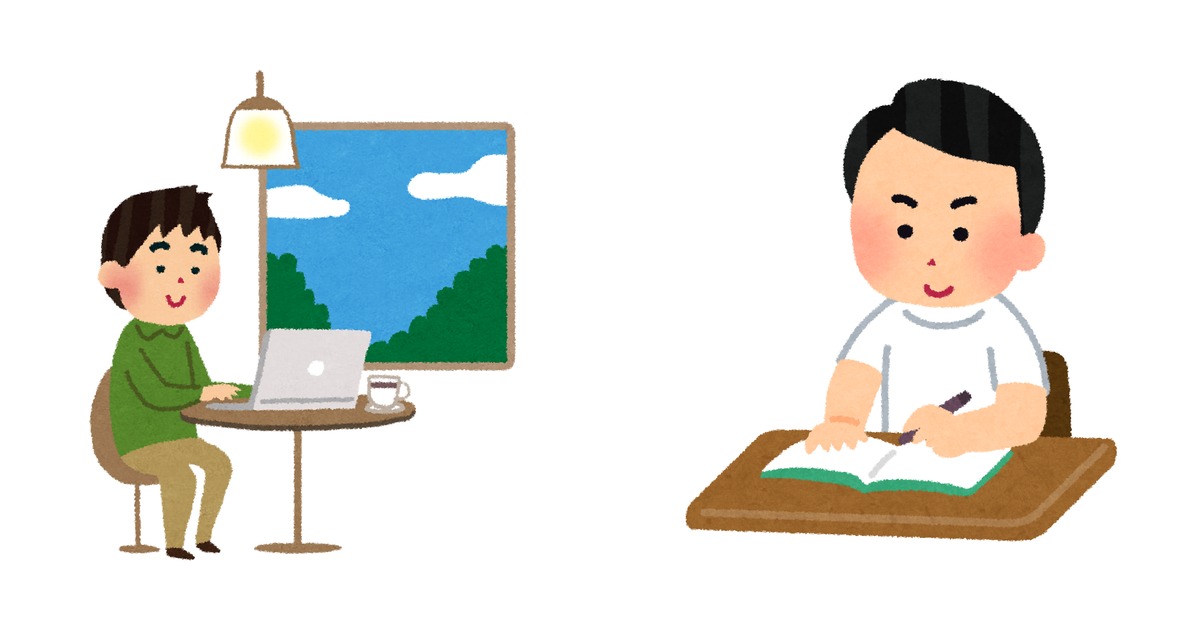 留学準備中の社会人男性が机に向かって英語の勉強をするイメージと、パスポートや飛行機をモチーフにした 2 つのイラストを並べたアイキャッチ画像