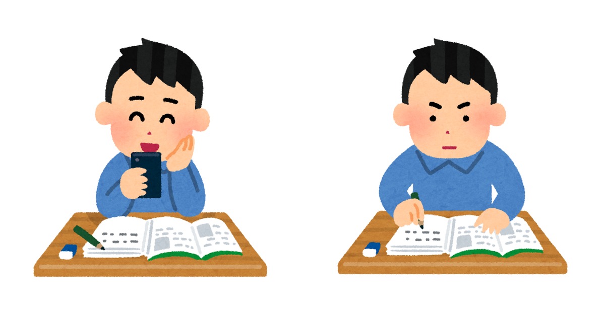 ノートに英単語を書き込みながら勉強するサラリーマンと、繰り返しを表す矢印アイコンの並ぶ学習イメージ