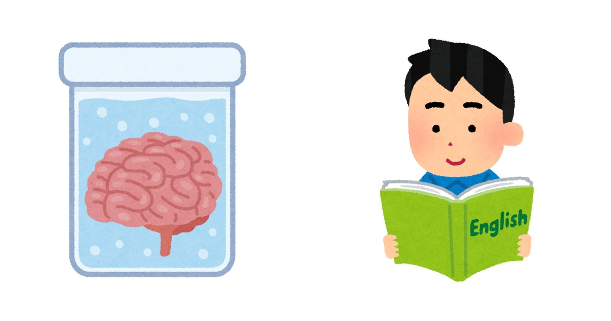 英語脳を脳科学的に再定義する記事のアイキャッチ。脳のイラストと、英語を学ぶ男性のいらすとや 画像 2 枚を左右合成した 1200x630 のヘッダー画像。