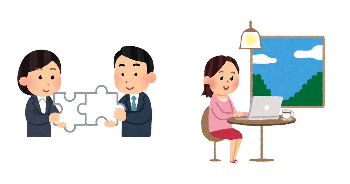 会話を試みる男性のイラストと、カフェで英語を学習する男性のイラストを左右に並べた構図