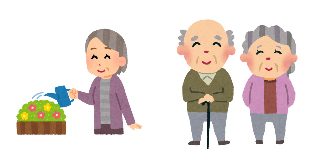 庭で花を育てている高齢の女性のイラストと、笑顔で並んで立つおじいさんとおばあさんのイラストを左右に並べた、シニア世代のアクティブな日常を示す合成画像