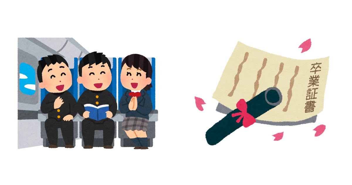 飛行機の機内で学生たちが向かう先と卒業証書のイラスト — 留学から修了までの全体像