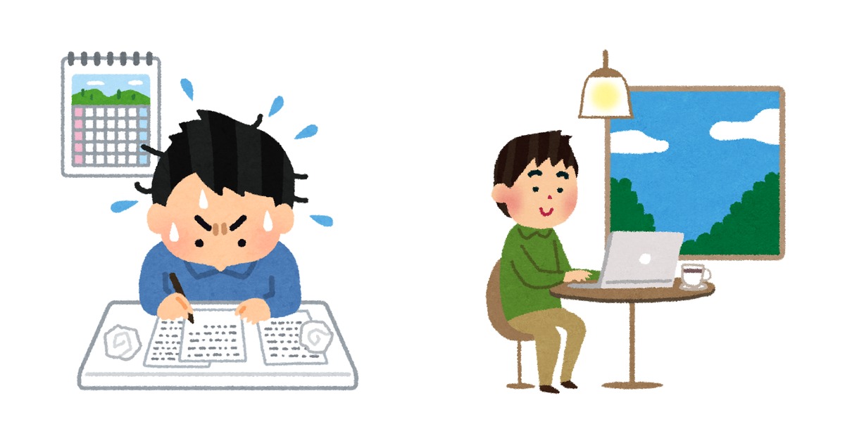 焦って書類を書く社会人とカフェで仕事と勉強をする男性のイラスト — ChatGPT 英語学習の得意と苦手