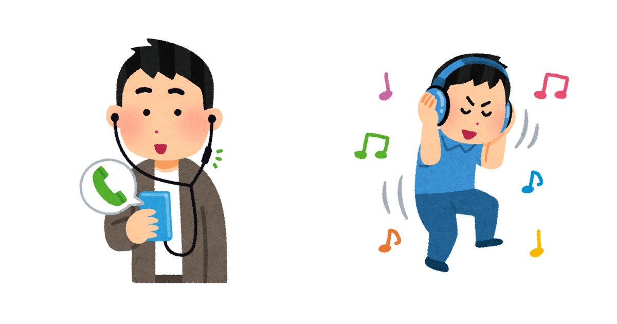 ヘッドホンを付けて英語学習する社会人男性 2 名のイラスト。1 人はノートを取りながら音声を聞き、もう 1 人は口を動かしてシャドーイングを実践する様子の組み合わせ。