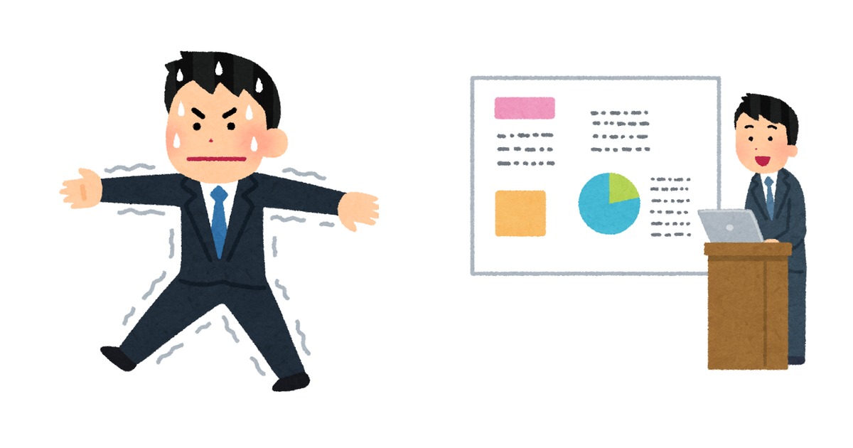 英会話レッスンや英語会議の前で緊張しているサラリーマンを表現したイラスト。汗をかきながら不安そうにしている男性と、深呼吸でリラックスを試みる男性のイラスト 2 枚を左右に並べた構成。