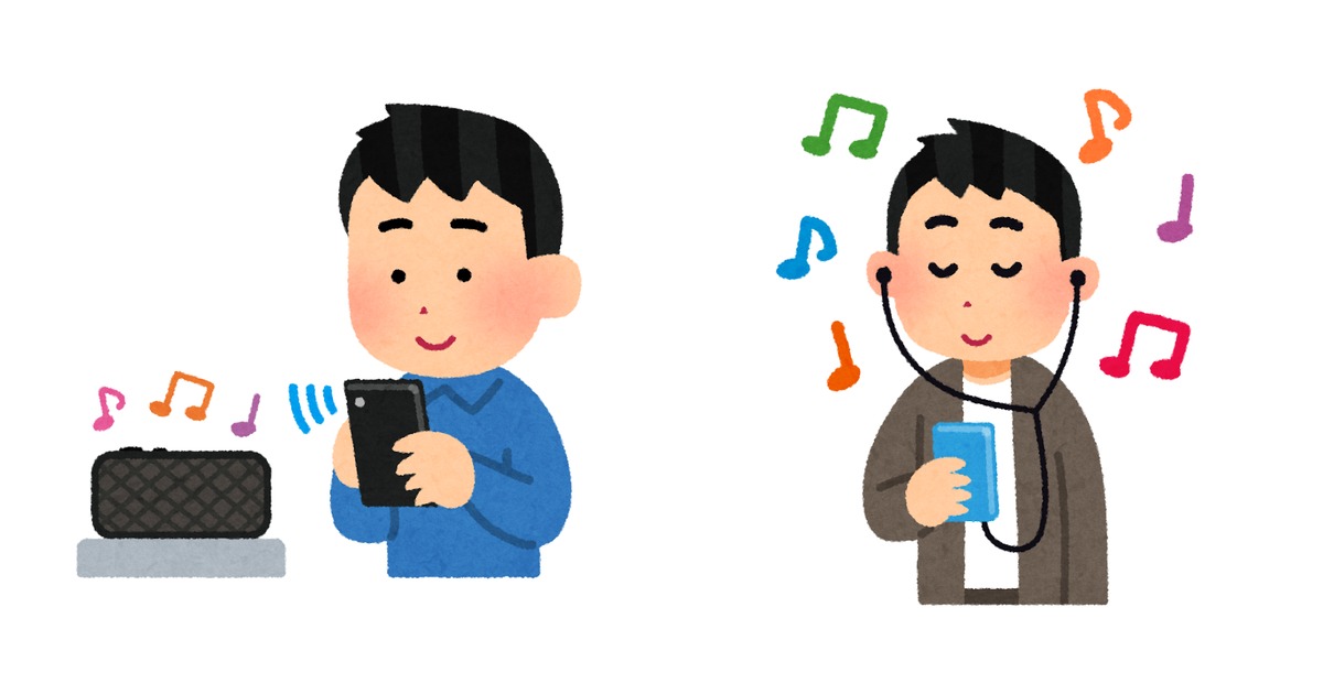イヤホンで英語を聴きながら困った表情をする男性と、ノートに音の波線を書き出しながら学習する男性のいらすとや 風 2 枚合成