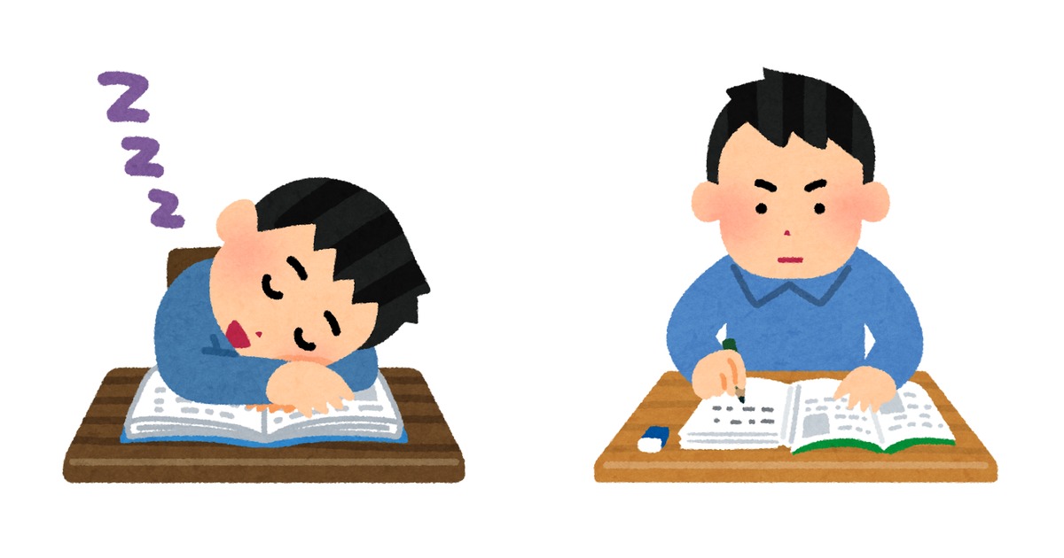 英文法書を開いてイメージで意味を捉えようとする成人学習者と、ノートに前置詞のスキーマを描く場面のイラスト2枚を並べた構図