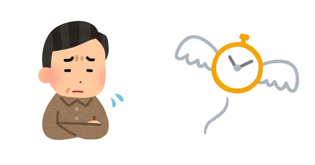 英語の勉強に疲れて頭を抱える大人と、積み上がった英語の本と時計のイラストを左右に並べた画像 (いらすとや 素材)