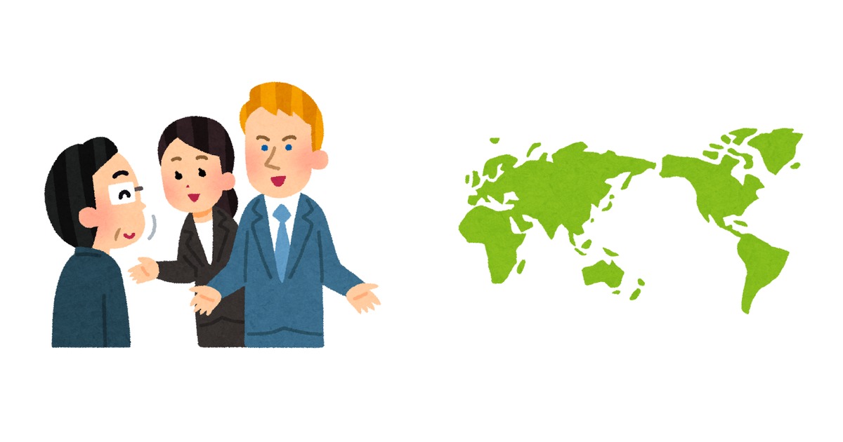 スーツケースを引いて空港へ向かう社会人と、地図とテキストが並ぶ机の上で英語の勉強道具を広げる様子を左右に並べたイラスト