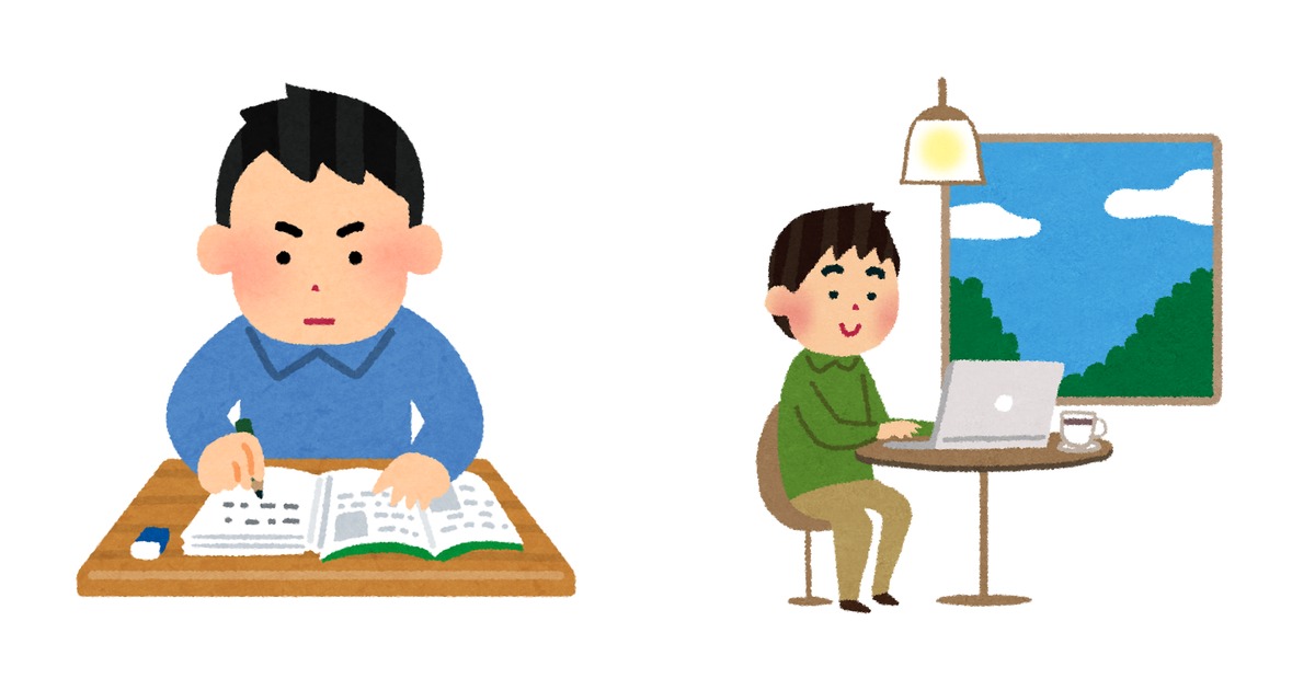 集中して勉強する男性とカフェで勉強する男性のイラスト — 大人の英文法やり直しの正しい順番と 3 ヶ月ロードマップ