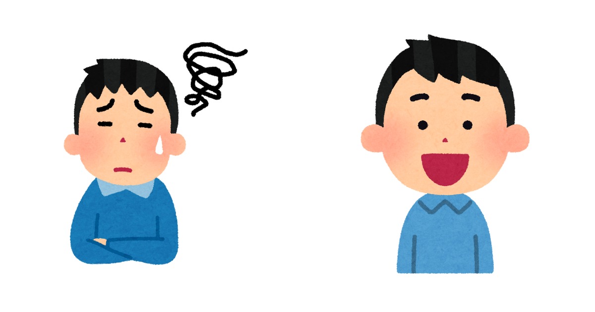 英語の発音が通じず聞き返されて困り顔で頭を抱える男性と、口もとを意識してはっきり発音し相手に通じてほっとする男性を左右に並べた、いらすとや風のイラスト。直らないという思い込みと通じる発音への切り替えを表す。