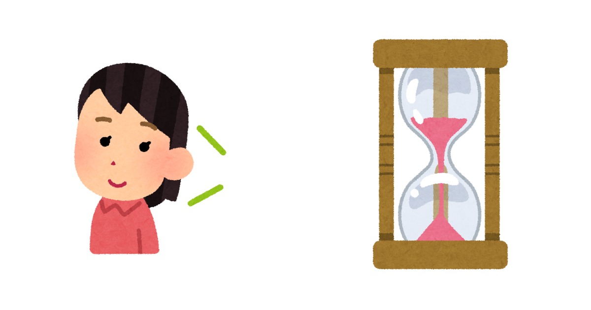 英語を学ぶ大人の女性と、時間の経過を表す砂時計を左右に並べ、英語習得にかかる時間を象徴したイラスト