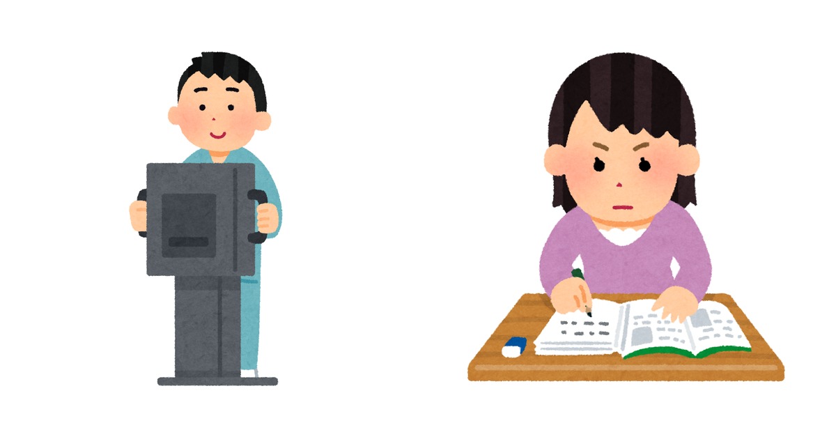 脳のレントゲン写真を撮影する大人と、机に向かって教科書で集中して勉強する人を、左右に並べて描いたイラスト。脳の研究と語学の学び直しを表す。