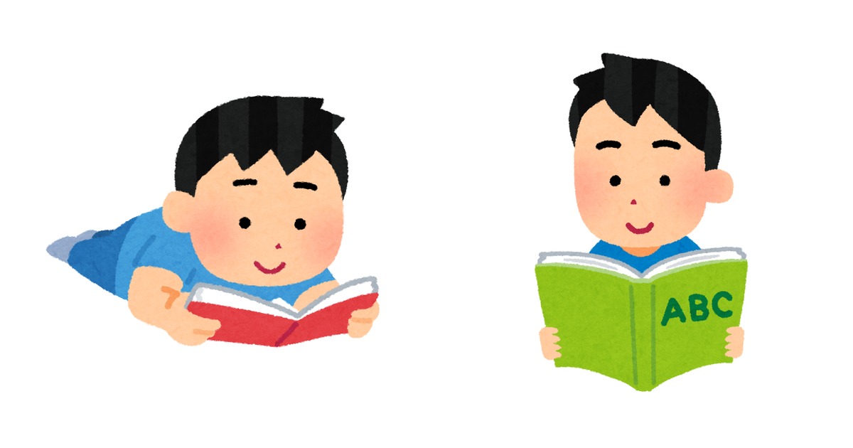 机の前で本を開きノートを取りながら英語の勉強に取り組む会社員の男性のイラスト