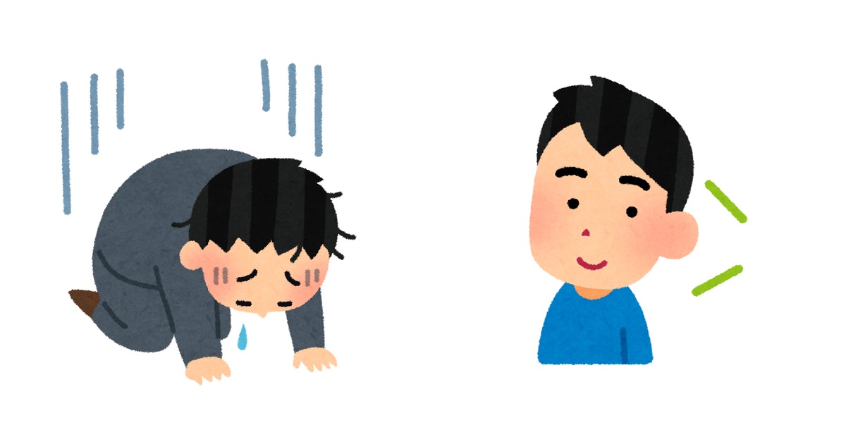 左に頭を抱えて落ち込む男性、右にヘッドホンと本で語学を学び直す男性が並ぶイラスト。挫折した状態から学習を再開する状態への変化を表している。