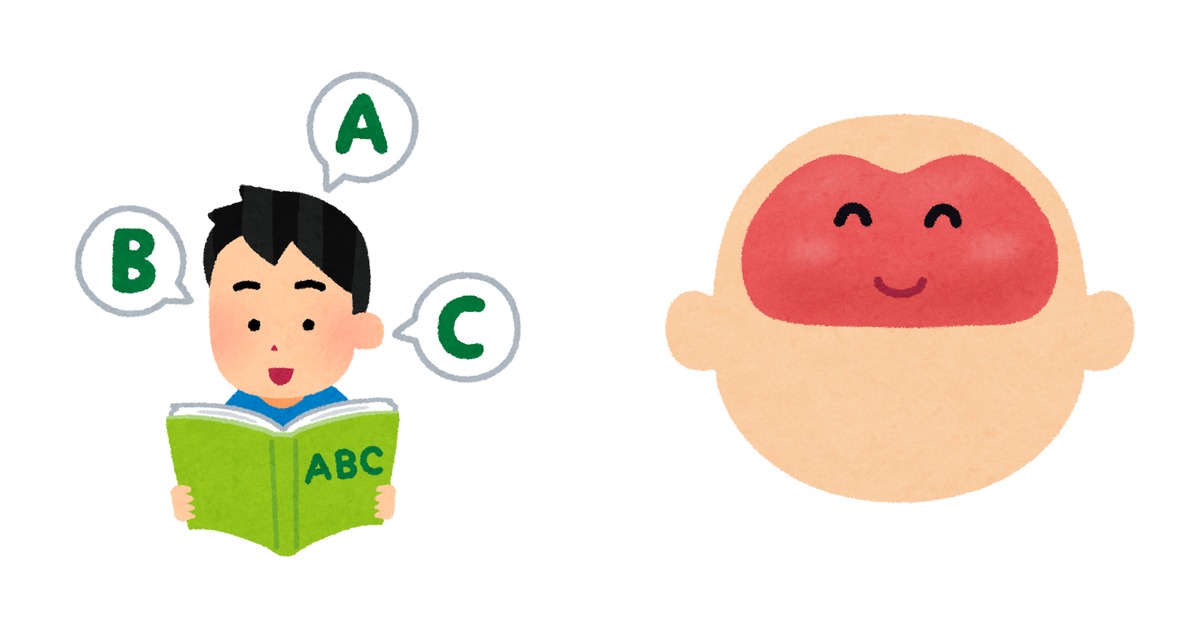左に英語を声に出して音読している男性、右に顔のある脳のキャラクターが並ぶイラスト。声に出す練習と、そのとき脳の中で起きていることを表している。