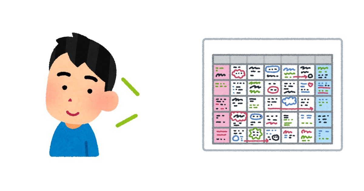 左に青い服を着た男性が横を向き、耳のそばに緑色の音のマークが出ているイラスト。右に予定がびっしり書き込まれた1か月分の壁掛けカレンダーのイラストが並ぶ。学習時間の配り方を表している。