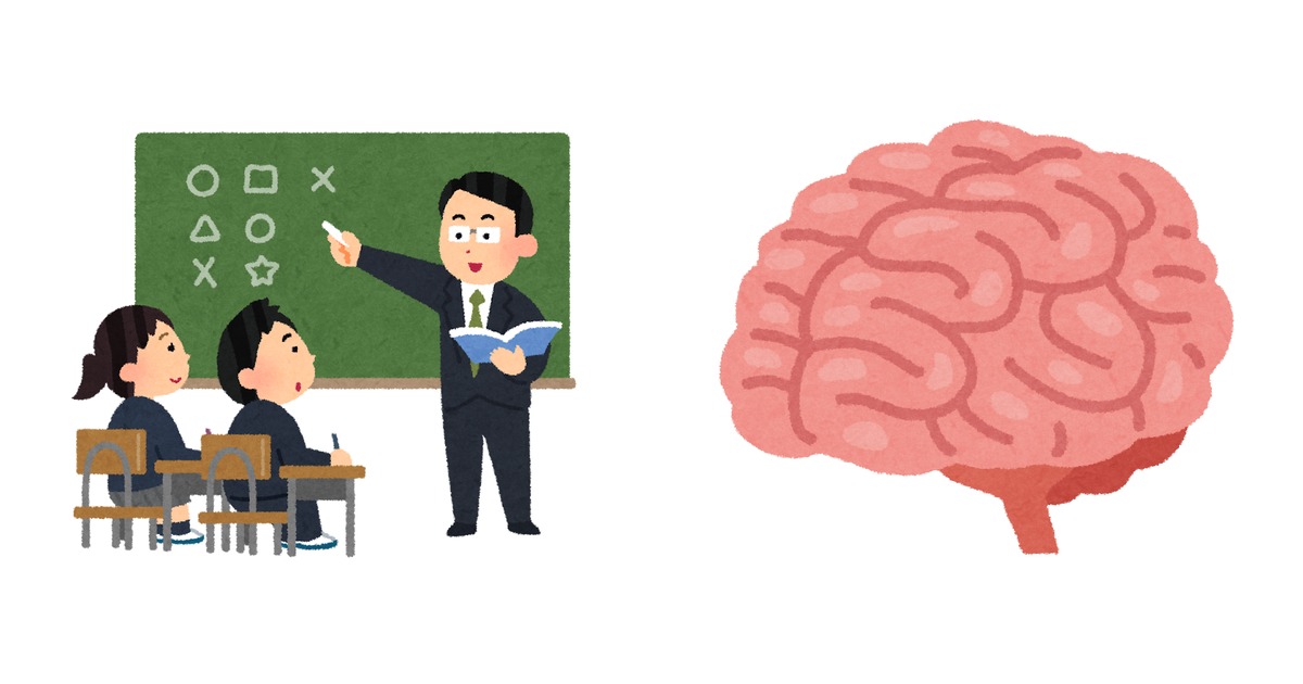 左に中学・高校の授業のイラスト、右に脳のイラストが並ぶ。学校で受けた英語の授業と、そのあと自分の頭の中に何が残っているのかを表している。