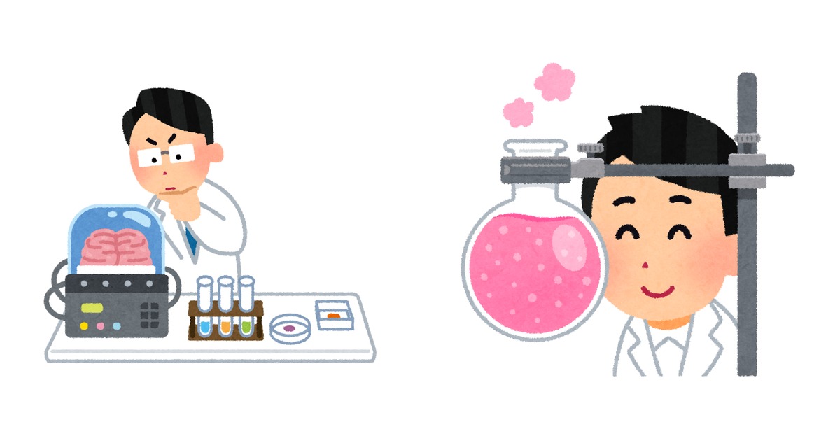 会社員風の人物が机で英語の本を開き、頭の中の仕組みを考えている様子のイラスト