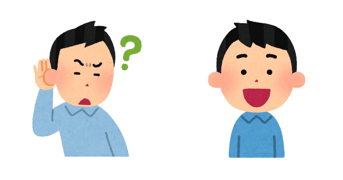 左に耳に手を当てて聞き取ろうとしている男性のイラスト、右に日本語の母音を発音している人のイラストが並ぶ。英語を聞く耳と、日本語の母音を出す口の関係を表している。