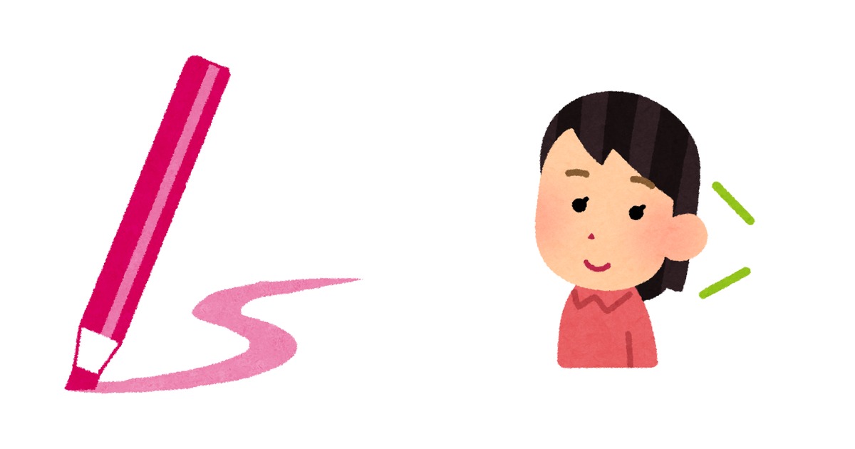 左に文房具のマーカーのイラスト、右にいろいろな語学の勉強をしている女性のイラストが並ぶ。英語の勉強でマーカーを使うことを表している。