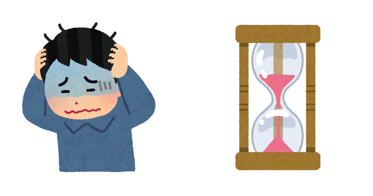 左に頭を抱えて悩んでいる男性のイラスト、右に砂時計のイラストが並ぶ。現在完了が分からず悩む気持ちと、過去から今へ流れる時間を表している。