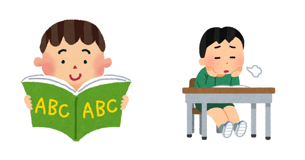 左に「ABC」と書かれた英語の本を笑顔で読む男の子、右に机でほおづえをついてため息をつく、やる気のない小学生の男の子のイラストが並ぶ。英語が好きな気持ちと、やる気が下がった気持ちの対比を表している。