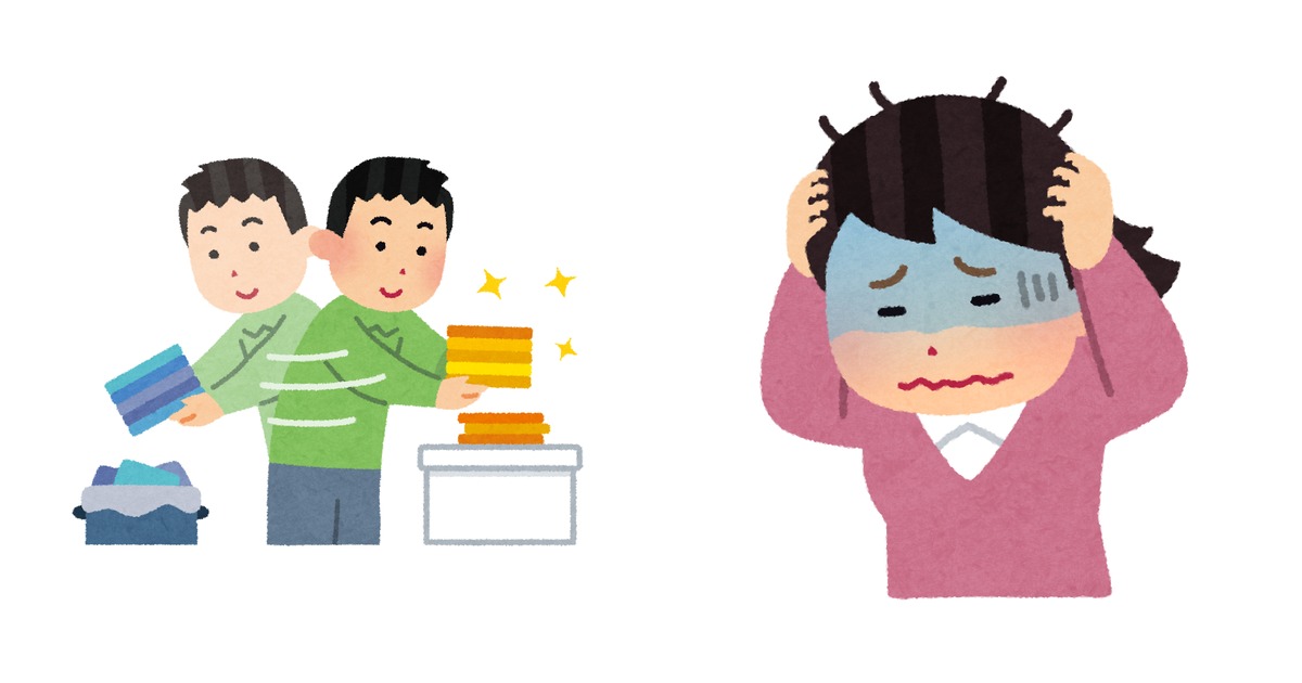 箱の中の物を色ごとに仕分けている人と、頭を抱えて悩む女性のイラスト。ジャンル別に整理して覚えたのに、似た英単語が混ざってしまう悩みを表している。