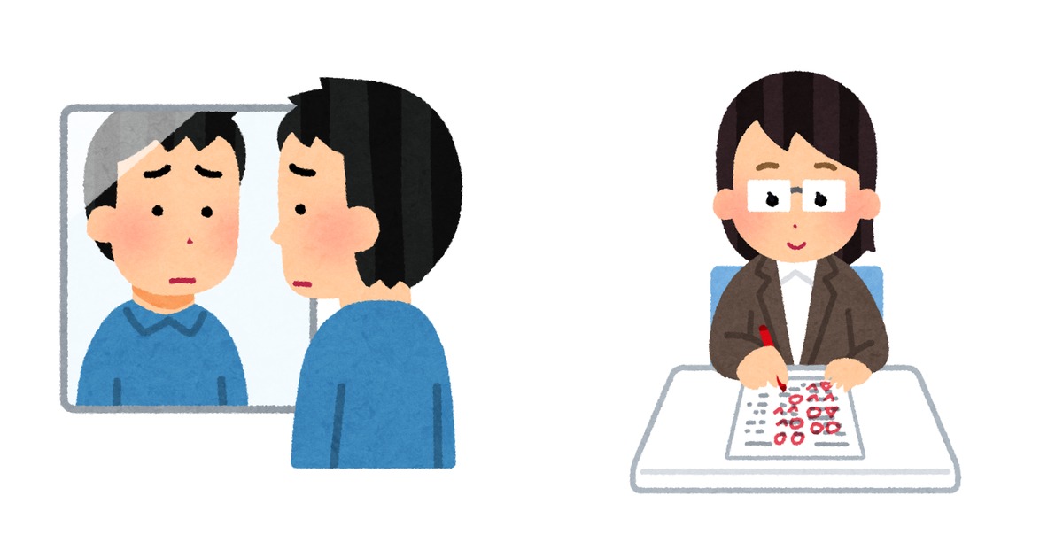 左に鏡を見て悲しそうな顔をしている男性のイラスト、右にテストの採点をしている女性の先生のイラストが並ぶ。自分で見た自分の姿と、外からの採点を表している。