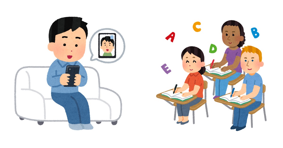 左にスマートフォンでビデオ通話をする男性のイラスト、右に留学先の教室で色々な国の学生が英語を学ぶイラストが並ぶ。画面越しの交流と、実際の留学先での学びを表している。